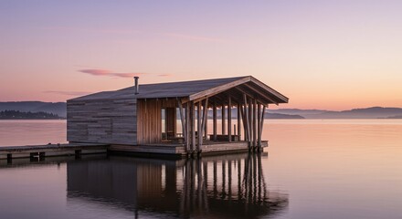 Lakeside Sauna at Sunset: Serene Nordic Retreat on Calm Water, Wooden Dock & Reflections, Minimalist Architecture, Pink & Purple Sky, Finland Landscape