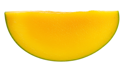 Close up of a vibrant yellow mango slice with a thin green rind against a black background studio shot on transparent background