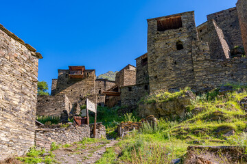 Old Fortress in mountain village Shatili, ruins of medieval castle. Khevsureti, Georgia