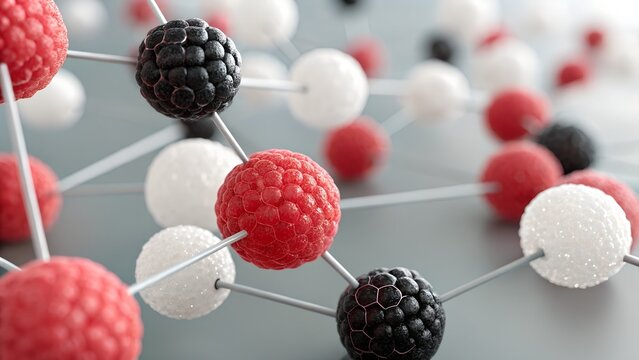 Close up of a molecular structure model with red black and white spheres connected by silver rods - Powered by Adobe
