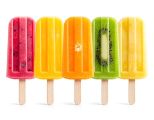 Five colorful fruit popsicles on a white background