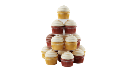 A pyramid of cupcakes with white frosting and red and yellow cake on a tiered serving platter on transparent background