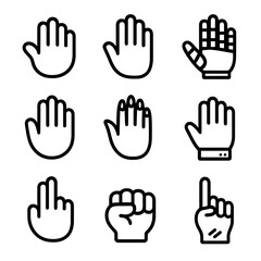 Diverse Hand Icons. Solid, filled icon set of high five hand styles: cartoon hand, realistic hand, robotic hand, glove hand,