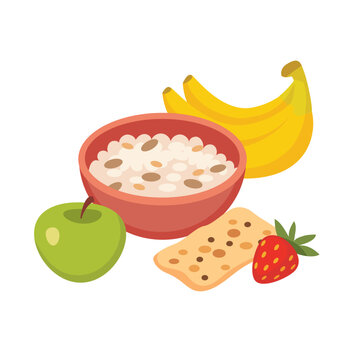 Vector bowl of porridge, cereals childish drawn style basic dishes presented in individual plates. Breakfast lunch menu. Healthy dietary nutrition for weight loss and beauty