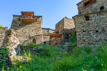 Old Fortress in mountain village Shatili, ruins of medieval castle. Khevsureti, Georgia