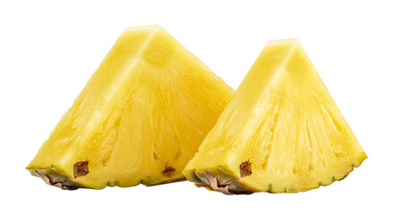 Close up of two pineapple wedges showing the yellow texture and the cut edge on a black background on transparent background