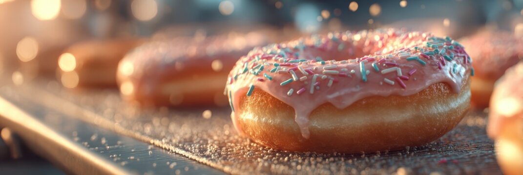 Delicious donuts with pink icing and colorful sprinkles on a wooden surface