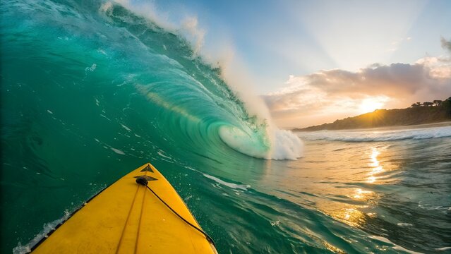Surfer riding a powerful green wave at sunset with a yellow surfboard