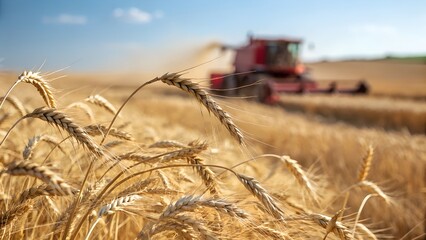 Combine harvester working in a golden wheat field during harvest season