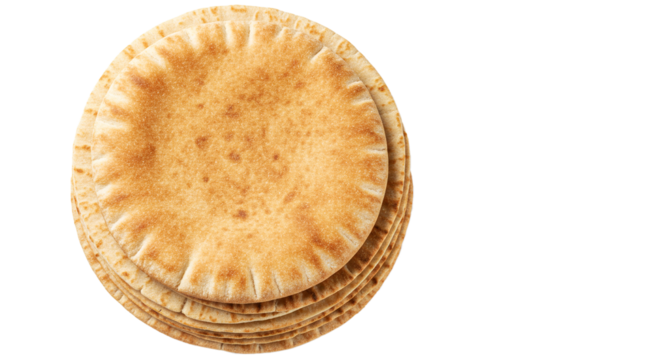 A stack of freshly baked pita bread rounds with a golden brown crust on a dark background space left on transparent background - Powered by Adobe
