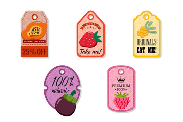 A tag with a hole at the top, elegant and creativity for labeling purposes juices, jams and different foods. Packaging tags with papaya, strawberry, seabuckthorn, mangosteen, raspberry