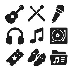 Music Icons Grid. Solid, filled icons set of music and rhythm hobbies with friends: guitar icon, drumsticks,