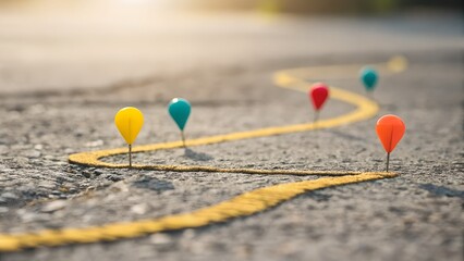 Colorful map pins marking a winding path on a gravel road