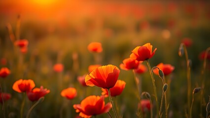 Fototapeta premium A vibrant sunset field adorned with red poppy flowers, bathed in warm golden light.