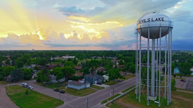 A scenic view of the historic Devils Lake Water Tower, a community landmark in North Dakota