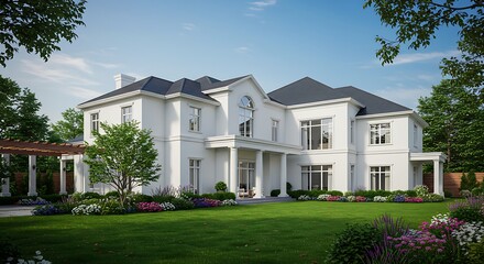 Fototapeta premium Contemporary beautiful, newly built luxury home exterior with fully landscaped and fenced yard, covered porch, and blue sky property in prime location