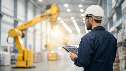 Engineer in hard hat inspecting robotic arm in modern factory