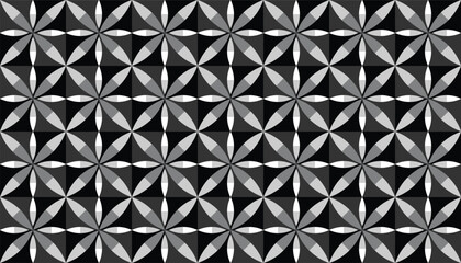 Seamless geometric flower pattern in grayscale, featuring petal-like shapes arranged in a symmetrical grid