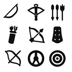 Obraz premium Medieval Archery Icons. Solid, filled icon set of medieval bows: longbow, crossbow, arrows, quiver, bowstring, arrow rest, wooden