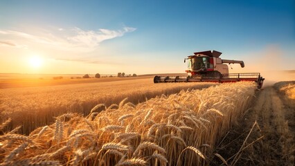 Fototapeta premium Combine harvester working in a golden wheat field at sunset