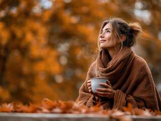 Woman in a warm blanket sweater holding a steaming cup of hot coffee or tea outdoors surrounded by autumn leaves. Cozy atmosphere. Drink morning