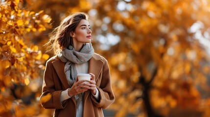 Woman in cozy coat and scarf holding glass of takeaway coffee surrounded by autumn foliage against golden leaves in fall park. Background for lifestyle, fashion, leisure and seasonal design.