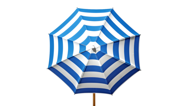 Blue and white striped beach umbrella summer vacation outdoor sun protection on transparent background