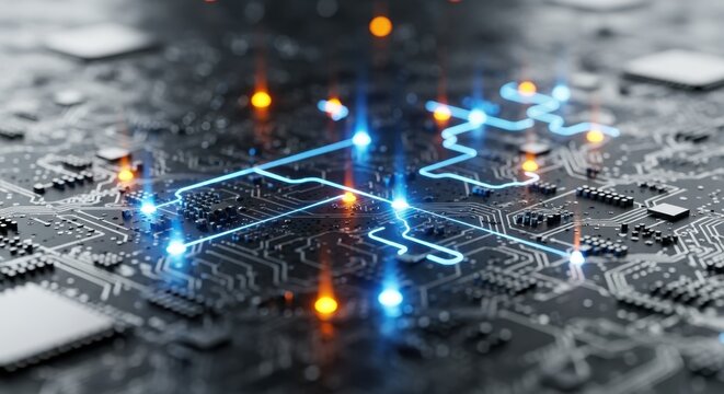 Hightech circuit board texture with bright pulsating nodes and modern digital aesthetics.