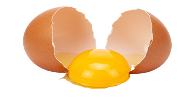 A cracked brown egg with a bright yellow yolk spilling out against a dark background image view on transparent background