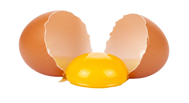Close up of a cracked brown egg with a bright yellow yolk isolated on a black background on transparent background - Powered by Adobe