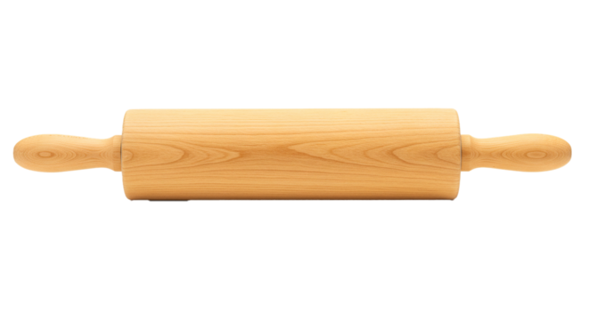 A wooden rolling pin with handles isolated on a black background in a horizontal orientation on transparent background