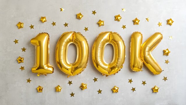 Golden 100k balloons with star confetti celebrating a milestone