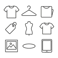 Mockup Icon Grid. Outline icon set of mockup and presentation: T-shirt front view, hanger hook, folded tee, apparel tag, mannequin