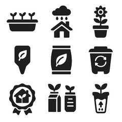 Sustainable Gardening Icons. Solid, filled icons set of sustainable home gardening practices: reusable tray,