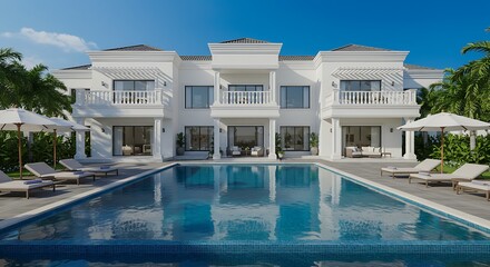Luxurious exterior of luxury holiday villa with blue sky and beautiful swimming pool residence featuring premium amenities
