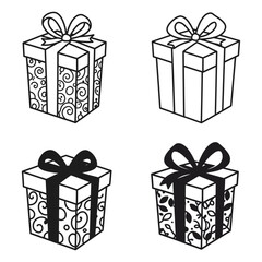 Hand Drawn Gift Boxes with Ribbons in Black and White Outline Style