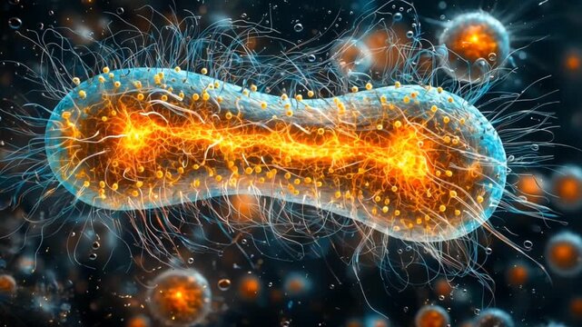 Microscopic view of a rodshaped bacterium with orangeyellow interior and numerous thin whiskerlike projections