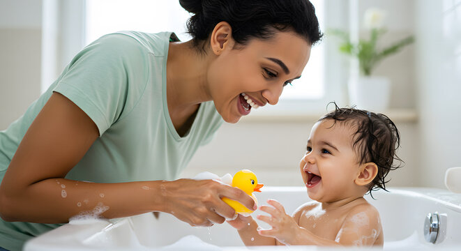 Smiling mother giving a bath to her happy baby with a rubber duck - Powered by Adobe