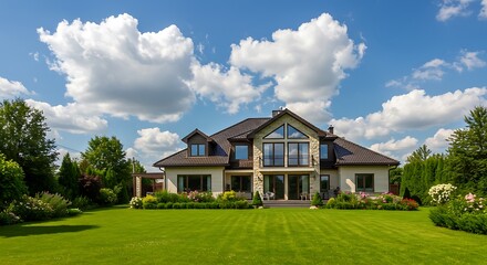 Stunning country modern house against the blue sky in summer with a green lawn. ukraine residence featuring premium amenities