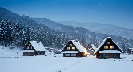 Traditional gesso zikurat houses in a snowy Japanese village at dusk
