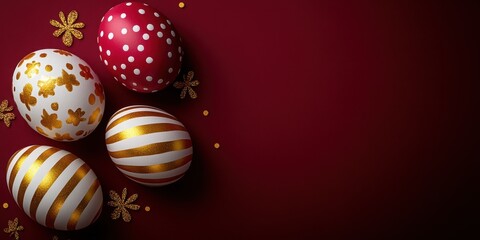 Fototapeta premium Decorated Easter eggs with floral and striped patterns on a rich red background