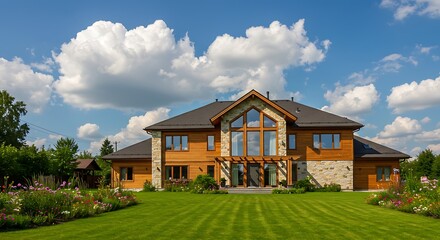 Elegant country modern house against the blue sky in summer with a green lawn. ukraine property in prime location