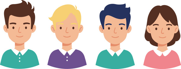 Diverse Cartoon Men Avatars in a Row on Transparent Background