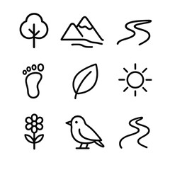 Nature Therapy Icons. Outline icon set of nature therapy: tree, mountain, river, footprint, leaf, sun, flower, bird, winding path.