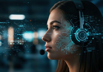 Young woman wearing futuristic headphones with digital circuitry overlay engaged in a high tech communication scenario