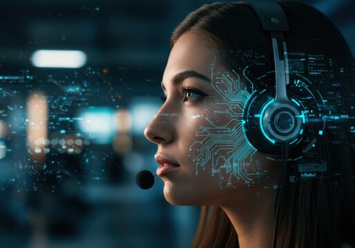 Young woman wearing futuristic headphones with digital circuitry overlay engaged in a high tech communication scenario - Powered by Adobe