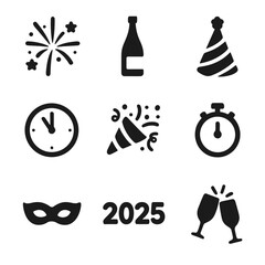 Fototapeta premium New Year's Icons. Solid, filled icon set of surf culture: surfboard, surfer silhouette, beach van, wave break, wetsuit, surf leash
