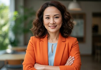 Confident professional woman with warm smile wearing bright orange blazer arms crossed looking directly ahead