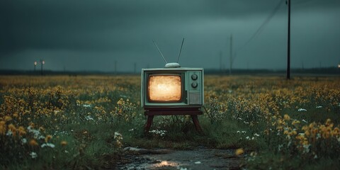Old analog television set displaying static in a field of flowers at dusk