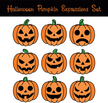 Set of nine different Halloween pumpkins faces, each with a unique carved expression ranging from happy to scary to sad.